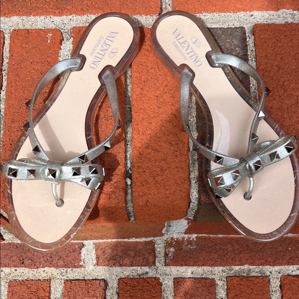 Valentino Women's Metallic Sandals with Studded Bow NO BOX